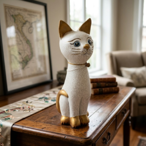 Slender Handcrafted Wooden Cat Sculpture with Golden Paws