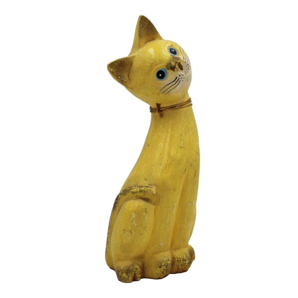 Curious Gold Wooden Cat Figurine – Slender Tilted-Head Accent
