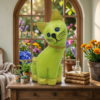 Lime Green Hand Carved Wooden Cat with Bell Collar