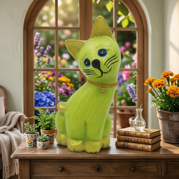 Lime Green Hand Carved Wooden Cat with Bell Collar