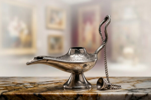 Silver-Plated Genie Oil Lamp – Engraved Chained Spout Tabletop Accent (4 Inch)