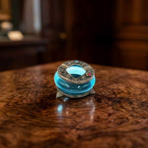 Aqua Blown Glass Incense & Ash Censer – Ornate Filigree Metal Collar Basin