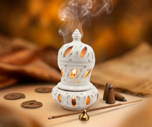 White Clay Incense Chimney – Filigree Cutout Bukhoor Tower Burner (20 cm)