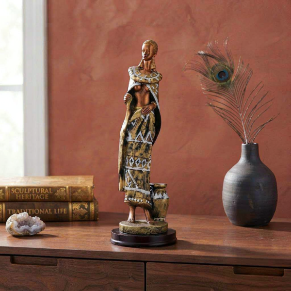 TT10358 Standing Tribal Lady Figurine with Urn – Elegant Folk Art Fashion Statue on Base
