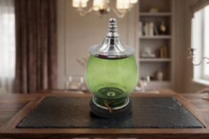Vintage Glass Apothecary Urn – Chrome Finial Lid Potpourri & Scent Jar (21 x 11 cm)