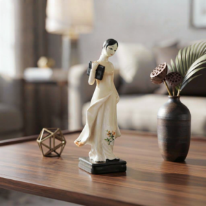 VM476-2 Standing Lady in White Flowing Tunic Figurine – Folk Art Tabletop Statue on Pedestal