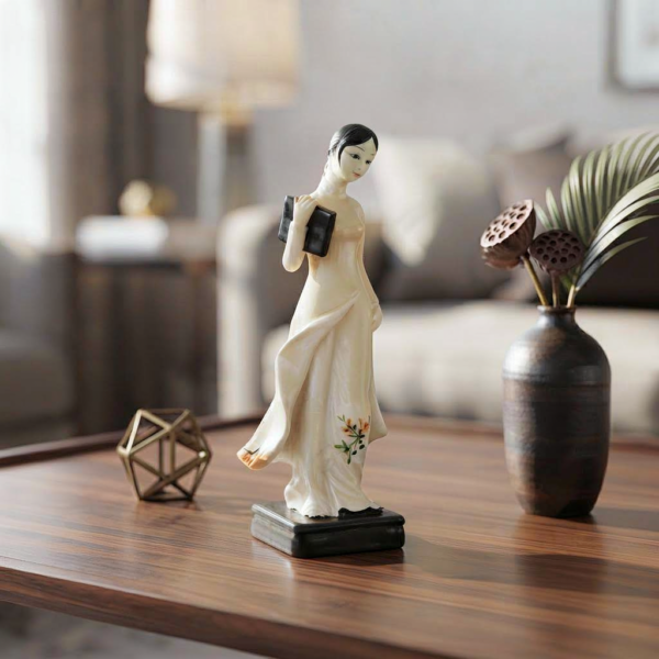 VM476-2 Standing Lady in White Flowing Tunic Figurine – Folk Art Tabletop Statue on Pedestal