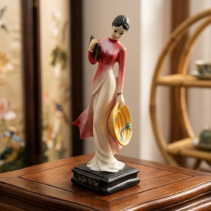 Coral Red Porcelain College Lady Figurine – Scholar Maiden Statue