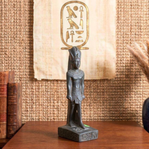 Basalt Black Pharaoh Striding Clay Statue – Egyptian Royal Plinth Figurine