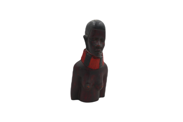 AFC0030 (2) Tribal Maiden Torso Wood Bust with Red Choker Collar – Handcrafted Indigenous Lady Sculpture (25×11 cm)