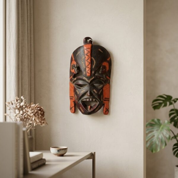 Hand-Carved Tribal Ceremonial Wood Wall Mask – Pierced Indigenous Face Plaque (23×13 cm)