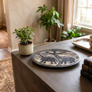 Etched Soapstone Oval Decorative Dish with Elephant Savanna Motif – Artisan Stone Serving Platter (8 Inch)