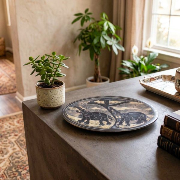 Etched Soapstone Oval Decorative Dish with Elephant Savanna Motif – Artisan Stone Serving Platter (8 Inch)
