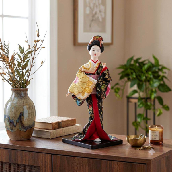 Silk Brocade Geisha Figurine with Fan – Traditional Dancer Display Doll (9 Inch)