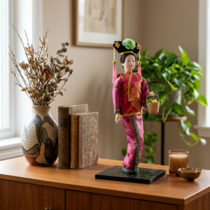 Silk Brocade Court Maiden Doll with Flower Basket – Traditional Opera Costume Figurine (12 Inch)