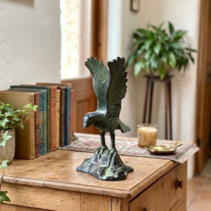 Soaring Verdigris Bronze Falcon Figurine on Crag Mount – Antique Wildlife Tabletop Sculpture