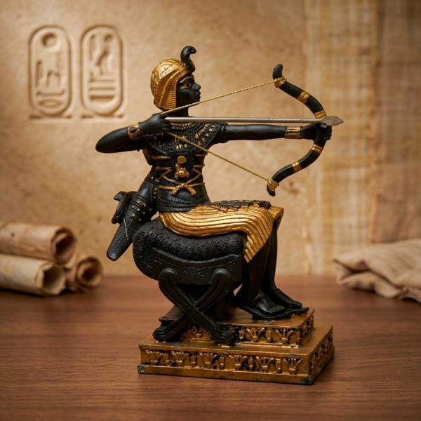 Seated Archer Goddess Figurine – Antique Gold Egyptian Huntress Statue (13×10 cm)