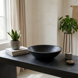 Handcrafted Charcoal Black Stone Fruit Bowl – Rustic Flared Mineral Catchall Basin (15.5×4 cm)