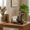 Hand-Carved Wooden Sitting Camel Sculpture with Embossed Brass Inlay – Resting Desert Dromedary Figurine