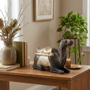 Hand-Carved Wooden Sitting Camel Sculpture with Embossed Brass Inlay – Resting Desert Dromedary Figurine