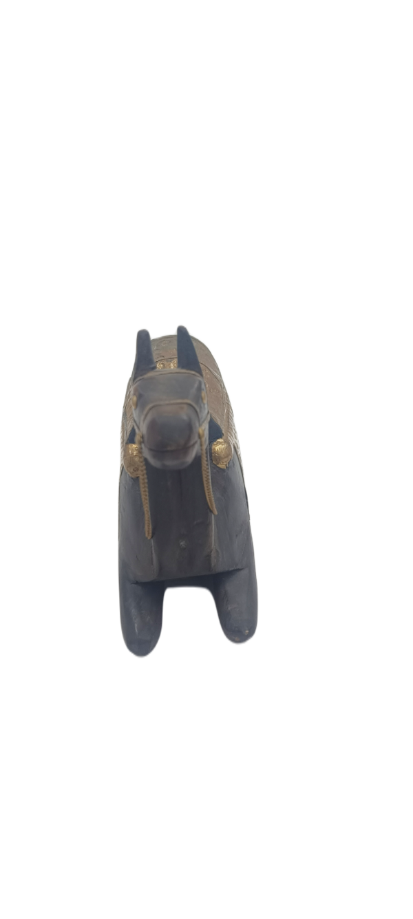 Hand-Carved Wooden Sitting Camel Sculpture with Embossed Brass Inlay – Resting Desert Dromedary Figurine