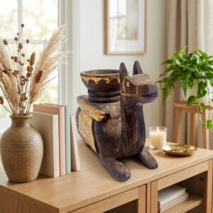 Handmade Wood Sitting Camel Nut Bowl with Brass Work (20×25 cm)