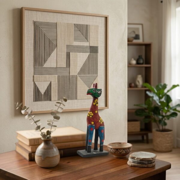 IDN1096A Hand-Painted Dot Art Wooden Giraffe Figurine – Folk Art Animal Statue (29×8 cm)