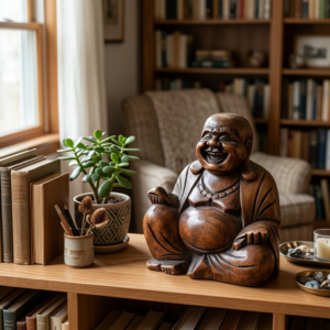 IDN32 Carved Timber Seated Laughing Buddha – Hotei Prosperity Tabletop Statuette (8 cm)