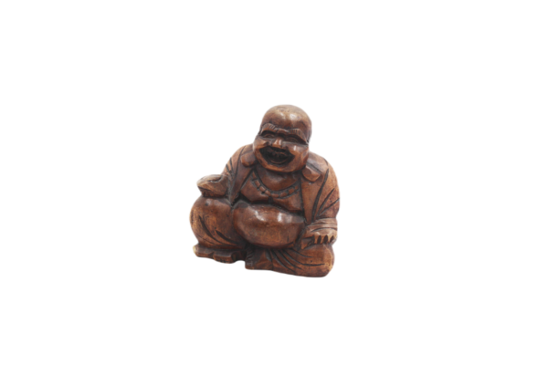 Carved Timber Seated Laughing Buddha – Hotei Prosperity Tabletop Statuette (8 cm)