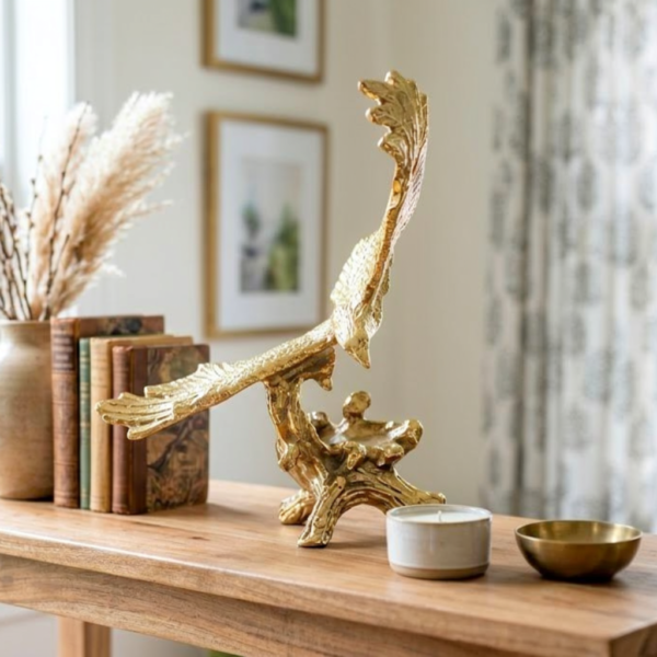 Soaring Falcon in Flight on Crag Pedestal – Gilt Metal Wildlife Statuette (16×9 cm)