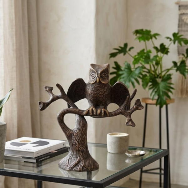 Perched Vigilant Owl on Naturalistic Branch Stand – Antique Brass Tabletop Statuette