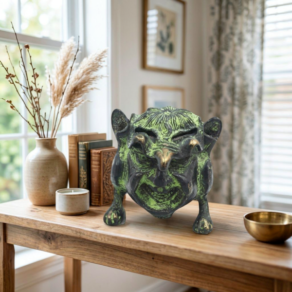 Antique Brass Joker Ashtray with Standing Paw Feet – Vintage Collectible Metal Trinket Vessel (7 cm )