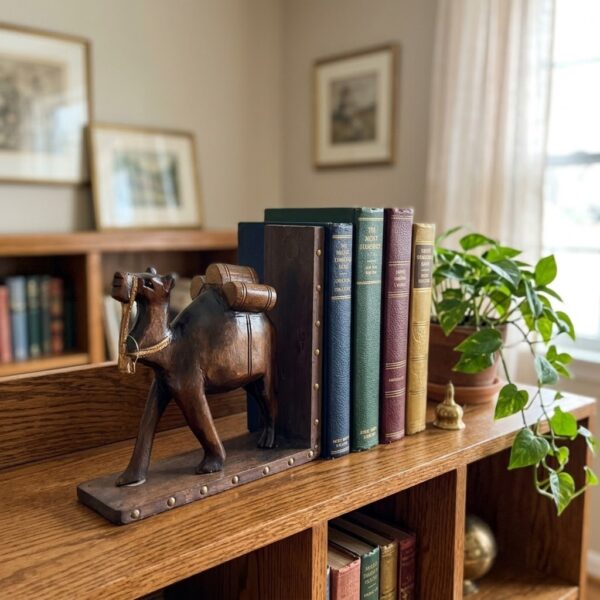 Handmade Wooden Caravan Camel Bookend – Loaded Pack Dromedary Book Holder (18×19 cm)