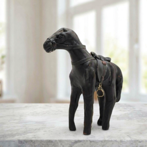 SLS106 Equestrian Leather Stallion Figurine with Tack & Brass Stirrups – Standing Equine Tabletop Accent (10 cm)