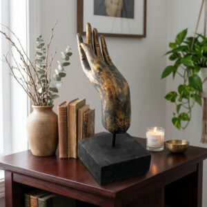 TH438F760 Abhaya Mudra Blessing Hand Carved Timber Sculpture – Mounted Sacred Altar Display on Wood Plinth (26×26 cm)