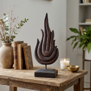 Carved Sacred Flame Finial Sculpture on Wood Block Pedestal – Tabletop Timber Fire Emblem Relic