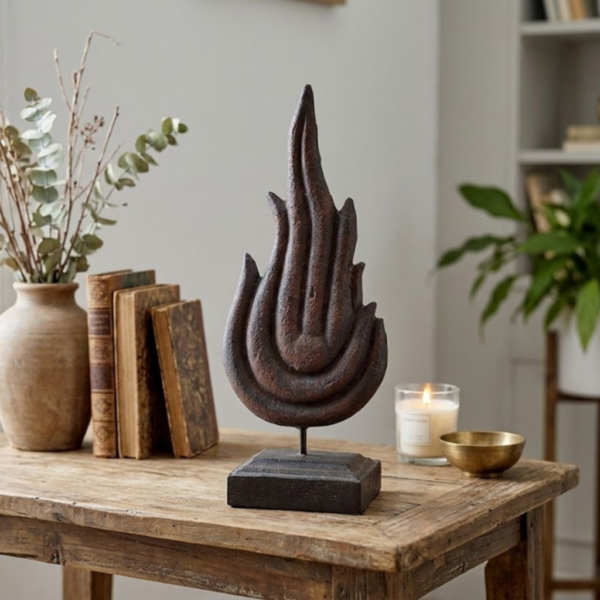 Carved Sacred Flame Finial Sculpture on Wood Block Pedestal – Tabletop Timber Fire Emblem Relic
