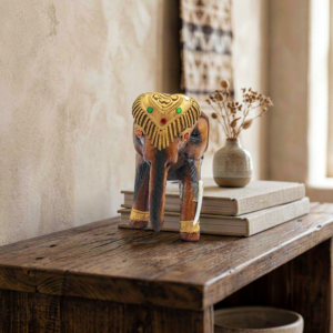 Embossed Gilt Folia Wood Carved Tusker Figurine – Miniature Sacred Animal Totem (6 Inch)