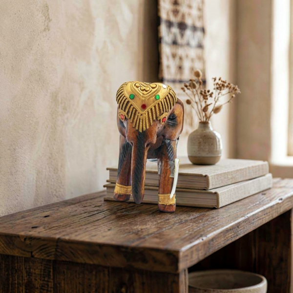 Embossed Gilt Folia Wood Carved Tusker Figurine – Miniature Sacred Animal Totem (6 Inch)