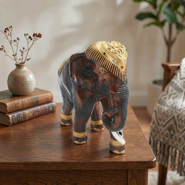 Gilded Royal Elephant Wood Carving – Embossed Gold Leaf Figurine (8 Inch)
