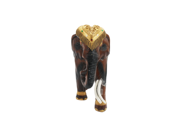 Gilded Royal Elephant Wood Carving – Embossed Gold Leaf Figurine (8 Inch)