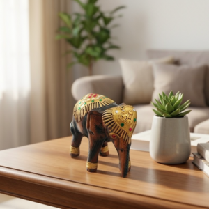 Gilded Caparison Wood Elephant Statue – Grand Ceremonial Pachyderm Sculpture (10 Inch)