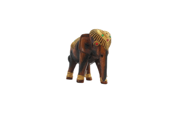 Gilded Caparison Wood Elephant Statue – Grand Ceremonial Pachyderm Sculpture (10 Inch)