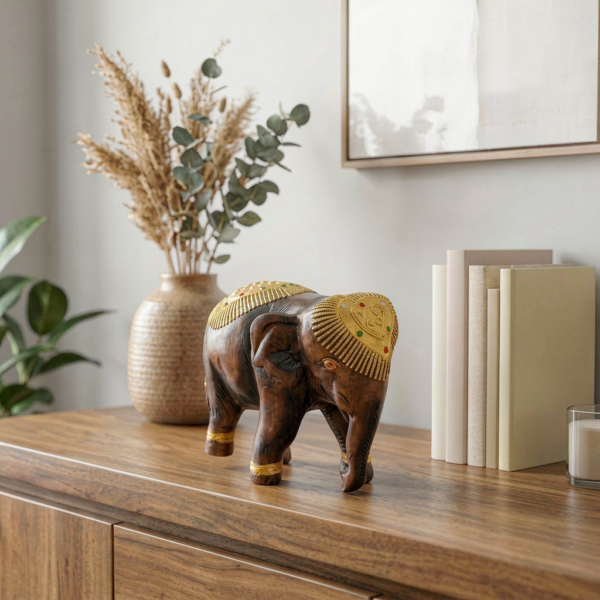 TH9279A Cut Glass Mosaic Gilded Wood Elephant Figurine – Tabletop Tusker Totem (14 cm)