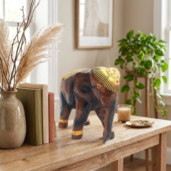 Mirrored Glass Inlay Wood Elephant Statuette – Petite Ceremonial Tusker Accent (11 cm)