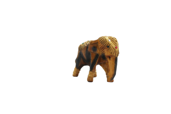Mirrored Glass Inlay Wood Elephant Statuette – Petite Ceremonial Tusker Accent (11 cm)