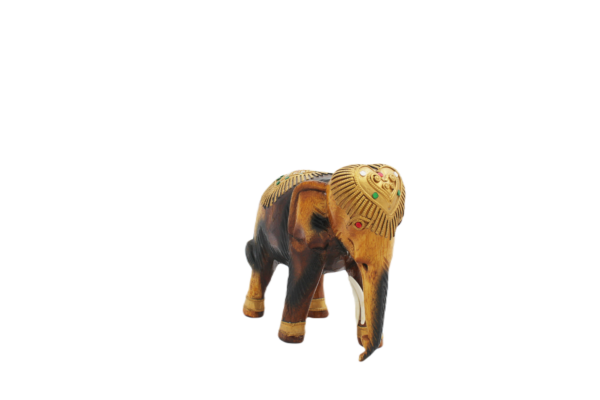 Mirrored Glass Inlay Wood Elephant Statuette – Petite Ceremonial Tusker Accent (11 cm)