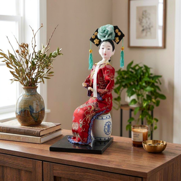 Seated Qing Dynasty Court Lady Doll on Porcelain Drum Stool – Embroidered Opera Figurine