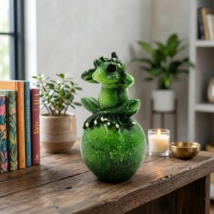 Perched Emerald Tree Frog on Speckled Orb Base – Whimsical Amphibian Tabletop Sculpture