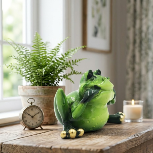 Seated Contemplative Tree Frog Figurine with Gilt Toe Pads – Whimsical Amphibian Tabletop Sculpture